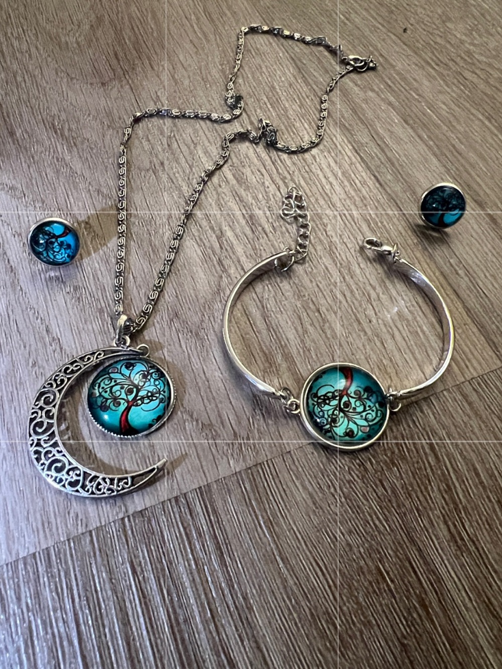 Turquoise Tree of Life Silver Necklace Bracelet and Earrings  - Women Jewelry